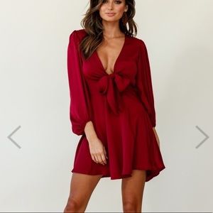 Madison Bow Tie Bust Balloon Sleeve Dress Wine